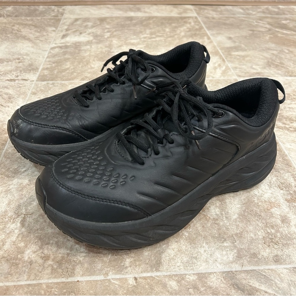 Hoka One One Bondi SR Wide Black Leather Slip Resistant Work Shoes Men's 9.5 2E